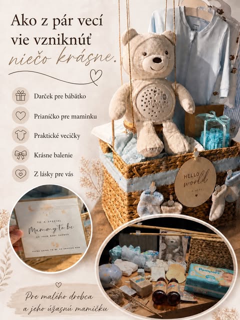 Kôš s macíkom, oblečením a darčekom pre mamičku na baby shower